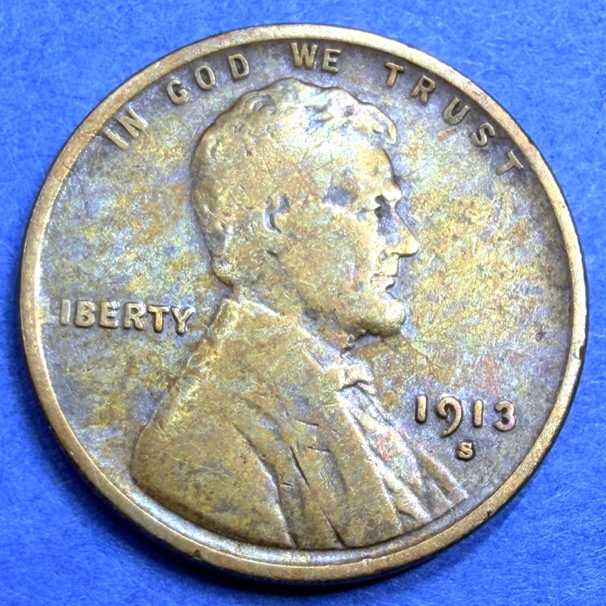 1913-S Lincoln Wheat Cent 1C F Fine Toned Semi Key Date San Francisco US Coin