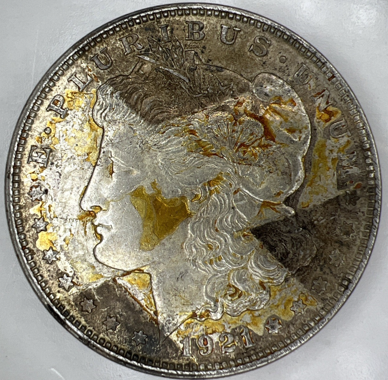 1921 S Morgan CRAZY OBW TONING 90% Silver $1 Dollar OLD BANK WRAPPED TONED COIN