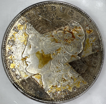 1921 S Morgan CRAZY OBW TONING 90% Silver $1 Dollar OLD BANK WRAPPED TONED COIN