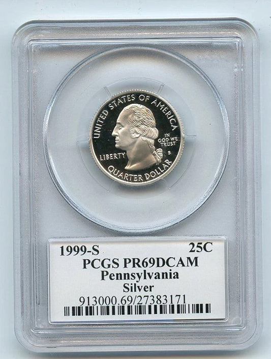 ✅ 1999-S Pennsylvania 90% SILVER Washington Quarter ~ PCGS PR69DCAM State Flag