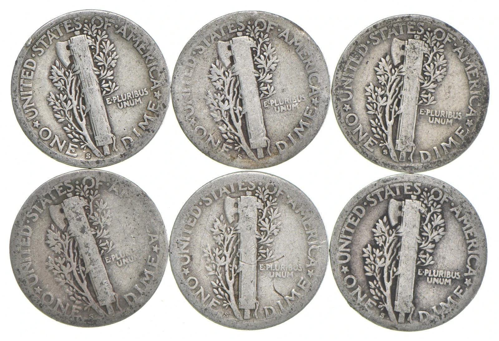 1917-S Mercury 90% Silver Dimes G-VG (Good - Very Good) Average Circulated
