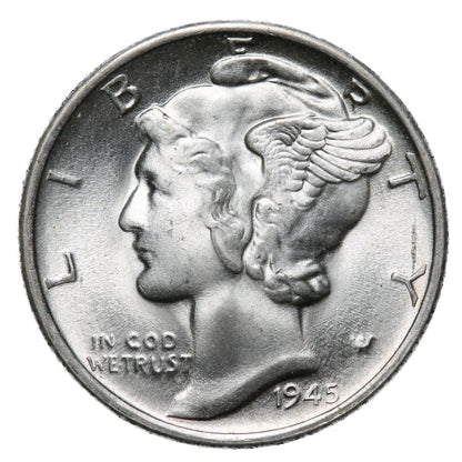1945 P Mercury Dime BU Brilliant Uncirculated 90% Silver 10c FSB White Coin