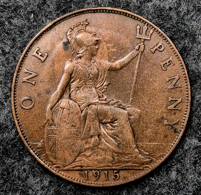 1915 UK GREAT BRITAIN XF ONE PENNY COIN KM#810