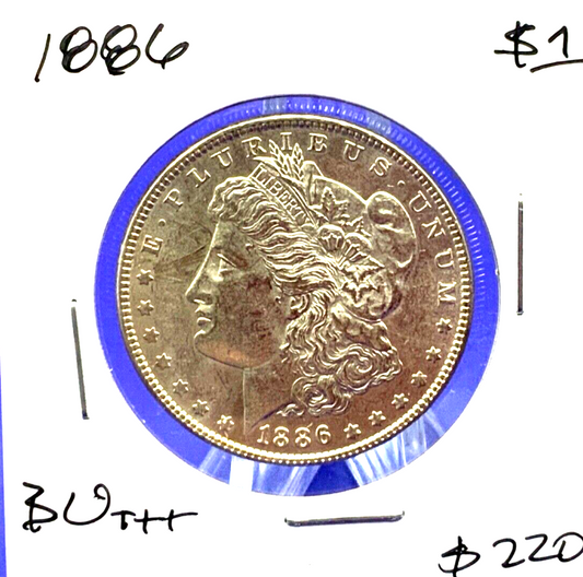 1886 Morgan 90% Silver Dollar BU Gem Shiny, Bright, Well Struck Coin MS Features