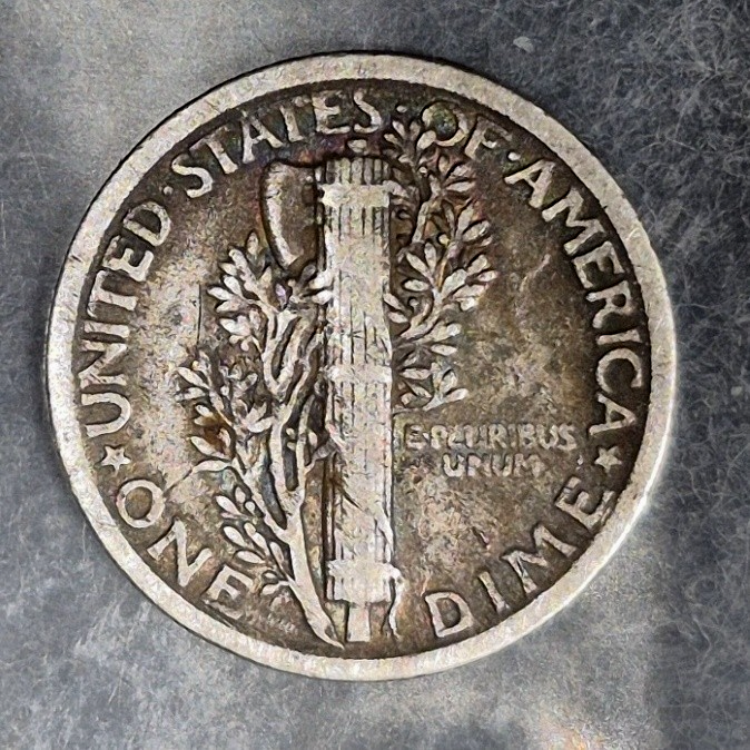 1921 P Mercury Dime Key Date Low Mintage 1,230,000 Fine 90% Silver 10c Toned