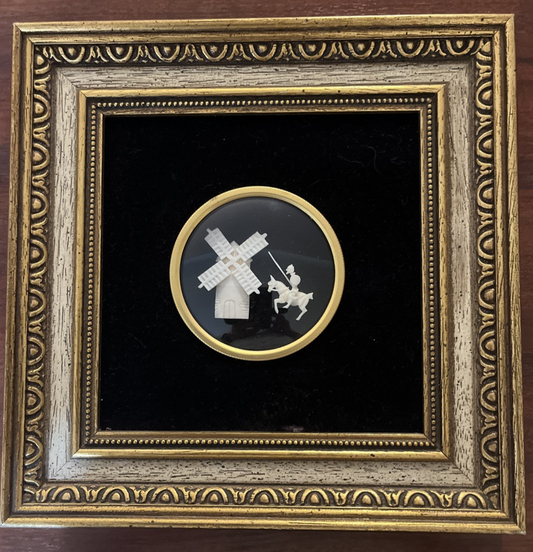 Vintage Ivory Hand Carved in Spain Don Quixote Windmill Horse Framed Artwork
