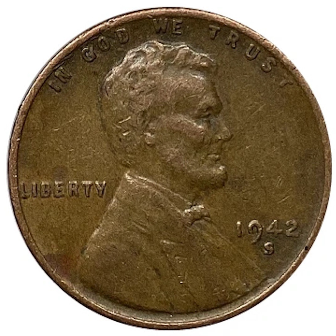 1942 S Lincoln Cent Good (G) to Very Good (VG) Circulated Condition Copper Penny