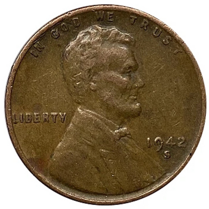 1942 S Lincoln Cent Good (G) to Very Good (VG) Circulated Condition Copper Penny