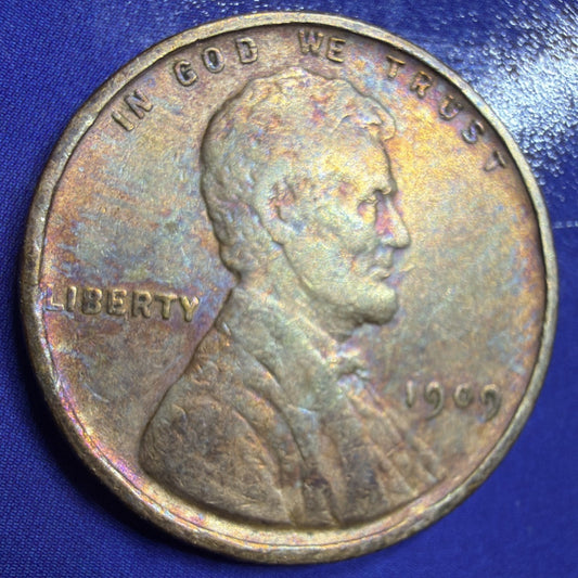 1909 Lincoln Wheat Cent 1C XF-AU Rainbow Toned Brown US Coin Philadelphia