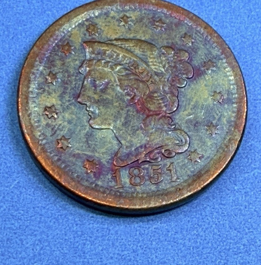 1851 Braided Hair Large Cent 1C XF-AU Rainbow Toned Copper Penny US Coin