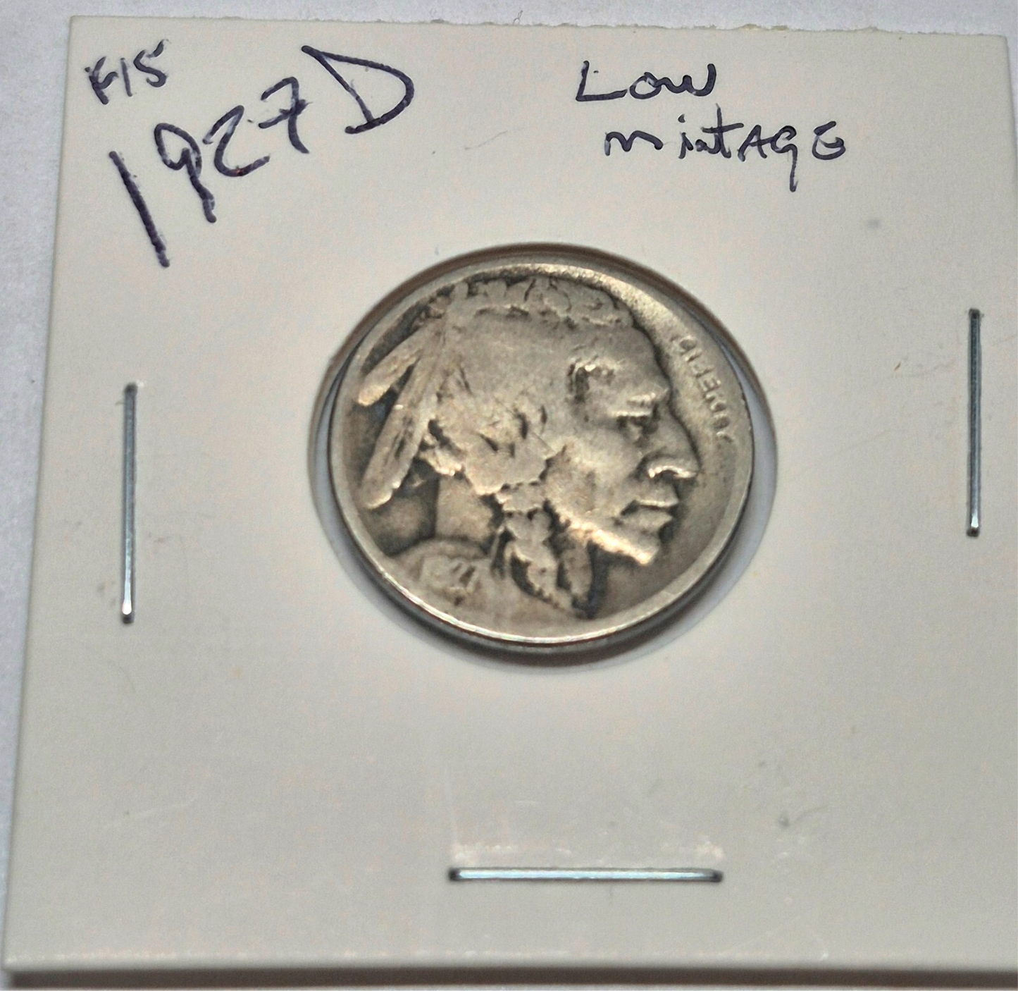 1927 Denver Buffalo Nickel Low Mint Readable Date Partial Horn Fine Features 5C