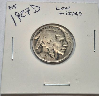 1927 Denver Buffalo Nickel Low Mint Readable Date Partial Horn Fine Features 5C
