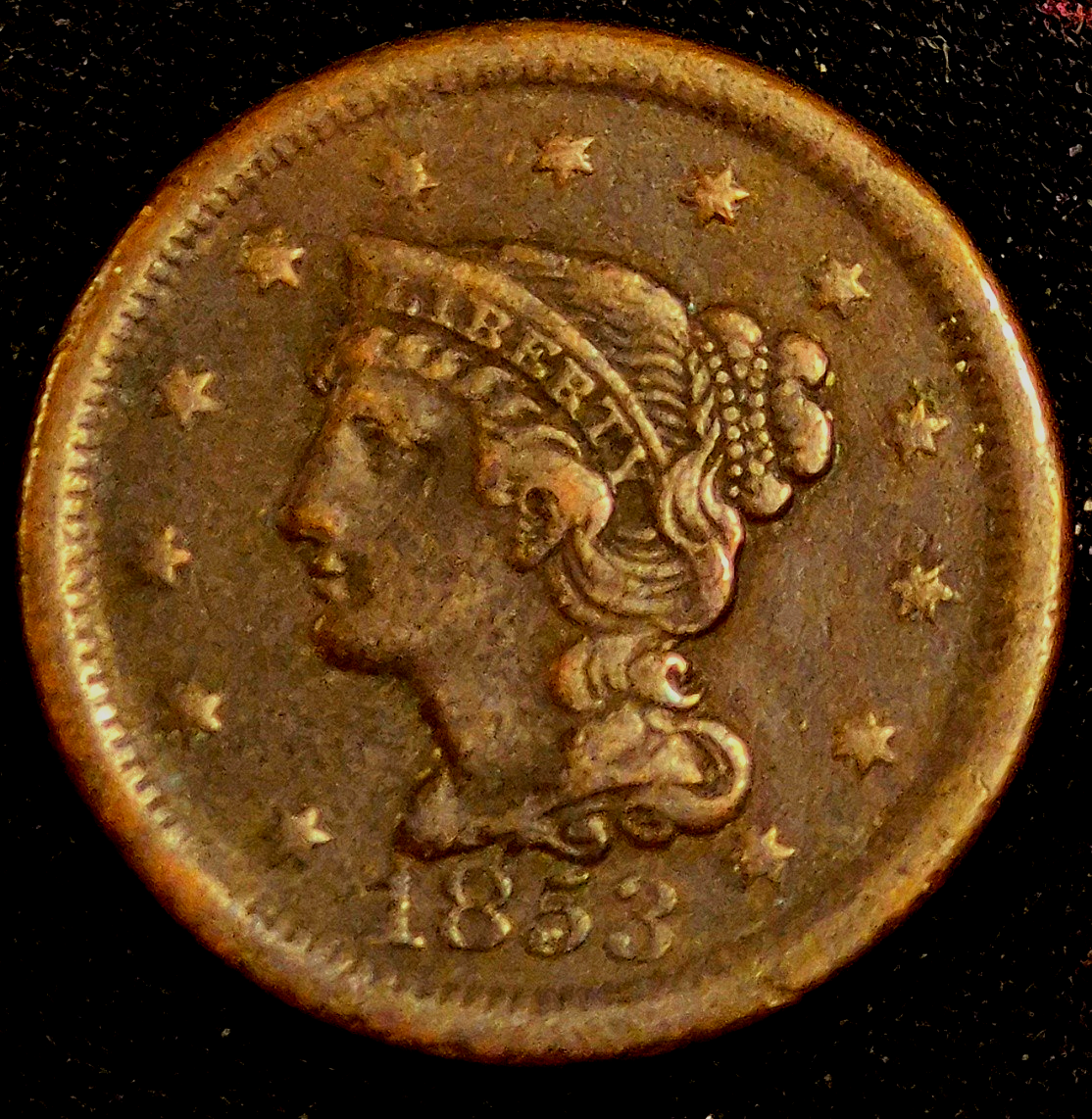 1853 Coronet Large Cent Braided Hair Crisp VF-XF Features Hard To Find N21 R4