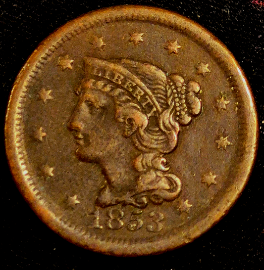 1853 Coronet Large Cent Braided Hair Crisp VF-XF Features Hard To Find N21 R4