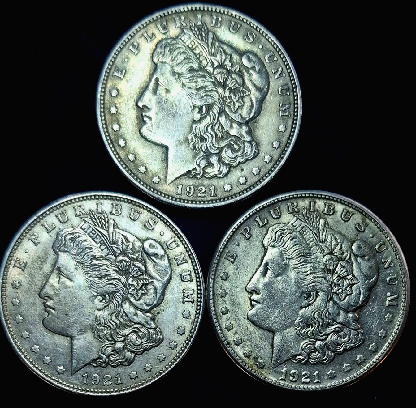 1921 Morgan Dollar PDS Set, 90% Silver, All With AU Circulated Features, (3) 1$