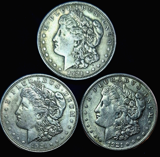 1921 Morgan Dollar PDS Set, 90% Silver, All With AU Circulated Features, (3) 1$