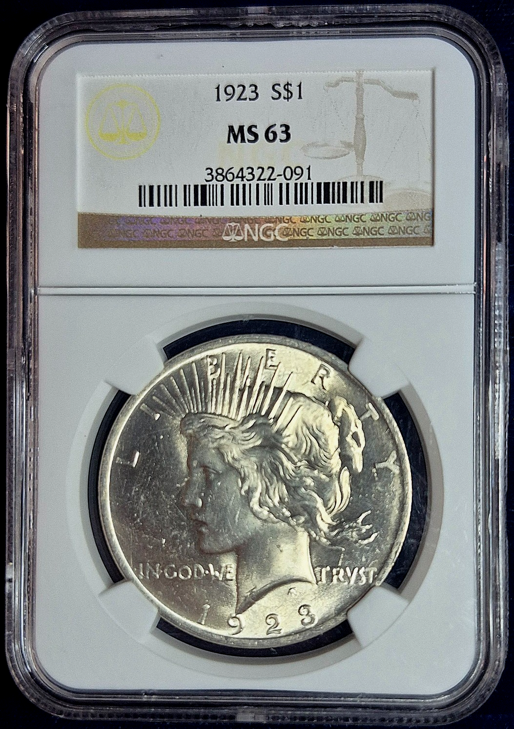 1923 Silver Peace Dollar NGC Exceptional MS63 90%
