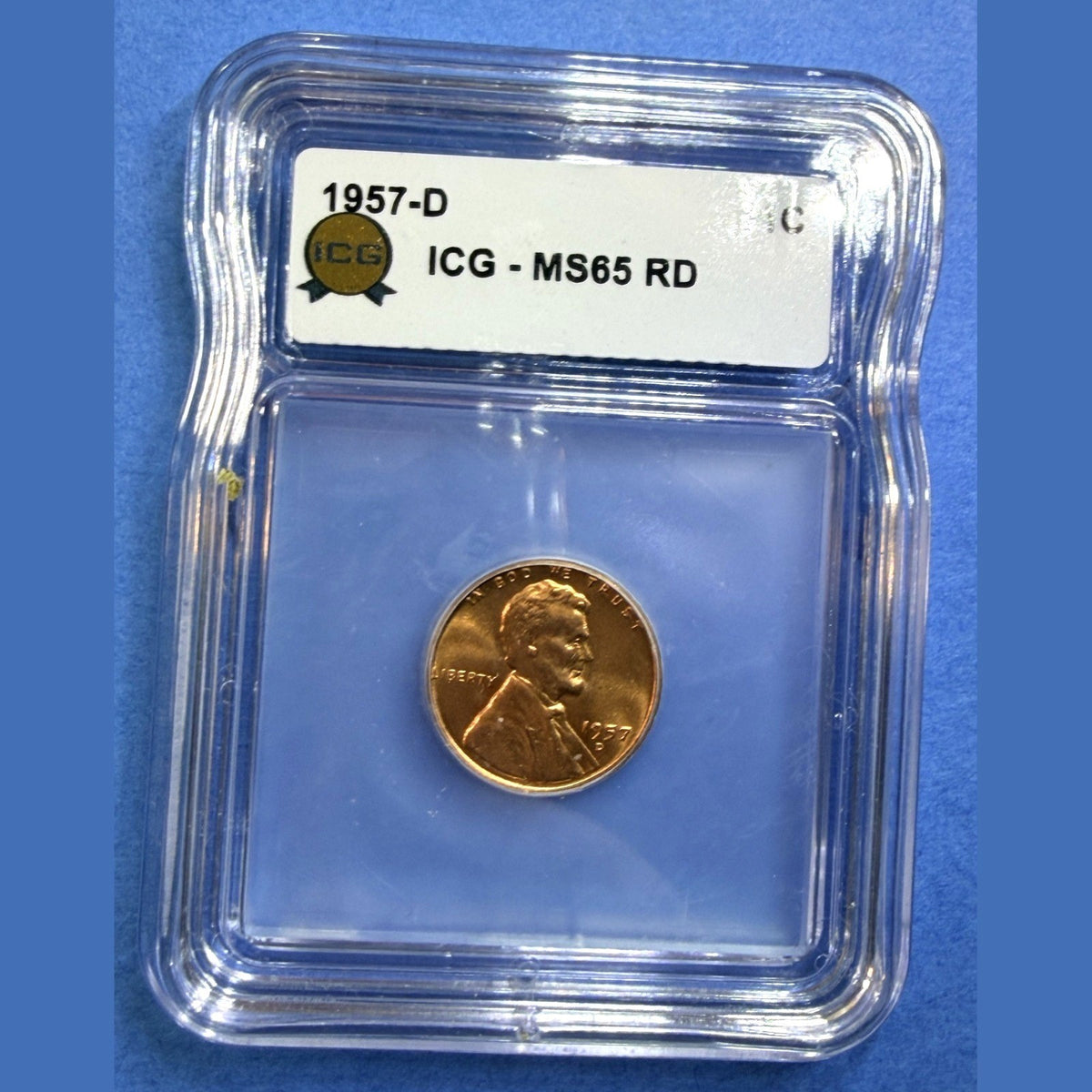 1957-D Lincoln Wheat Cent ICG MS65 RD Full Red Denver Mint Certified Coin - photo 1