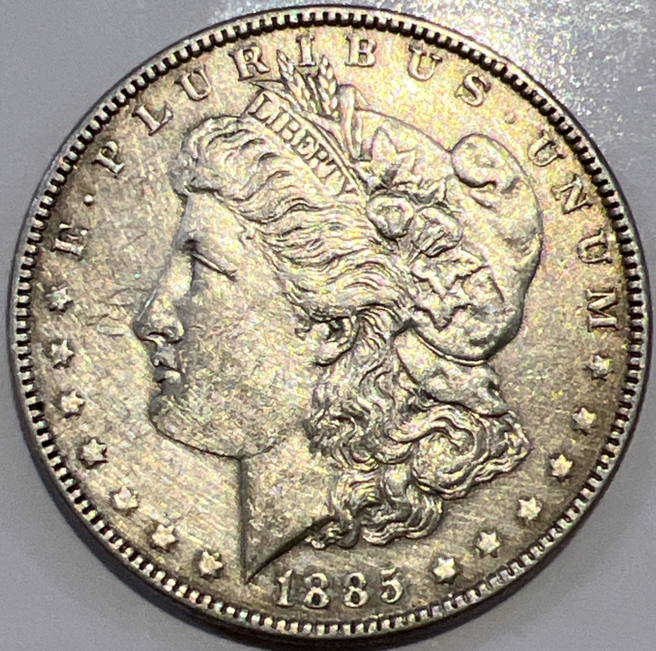 1885 P Morgan BEAUTIFUL GOLD TONING 90% Silver $1 Dollar SHARP Great Strike