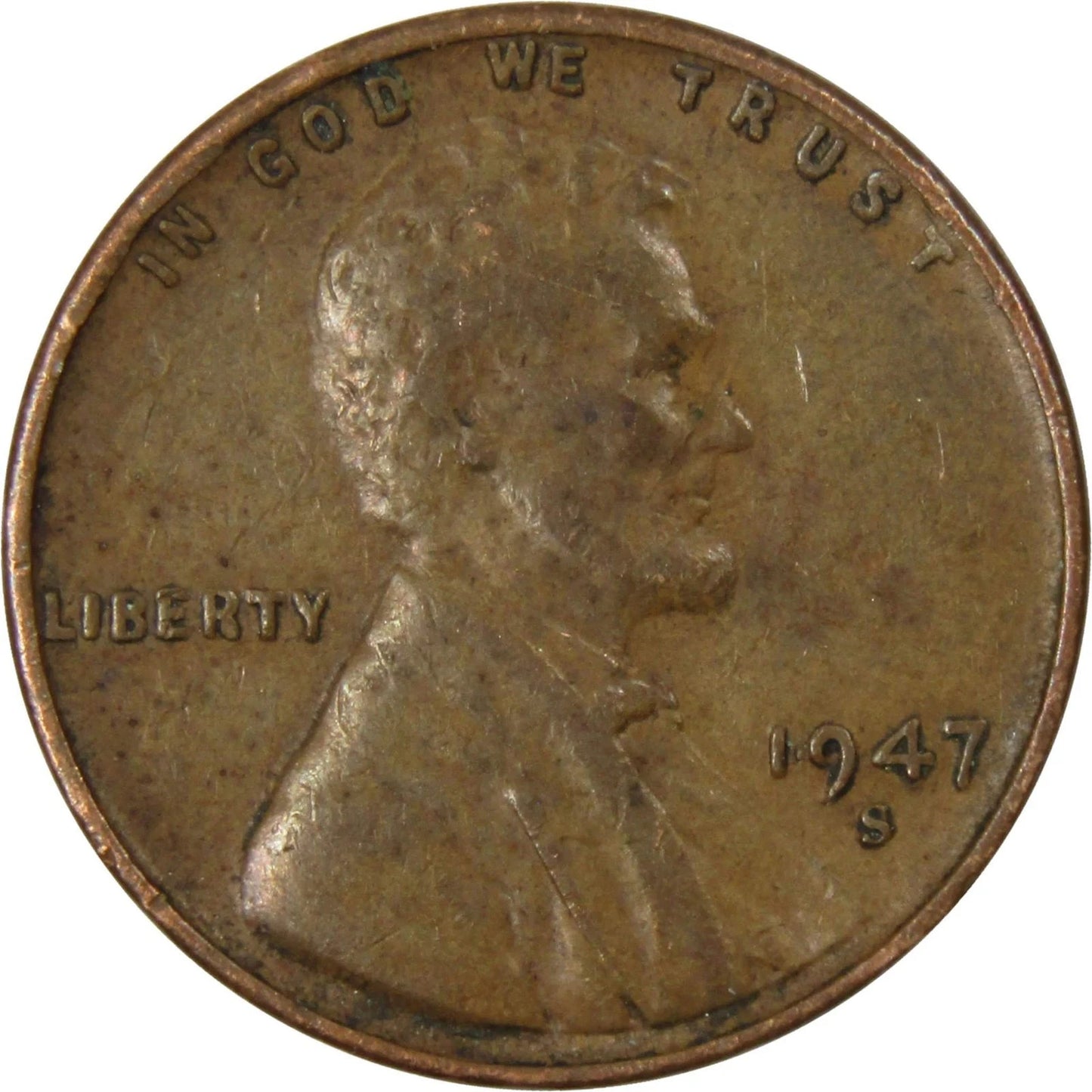 1947 S Lincoln Cent Good (G) to Very Good (VG) Circulated Condition Copper Penny