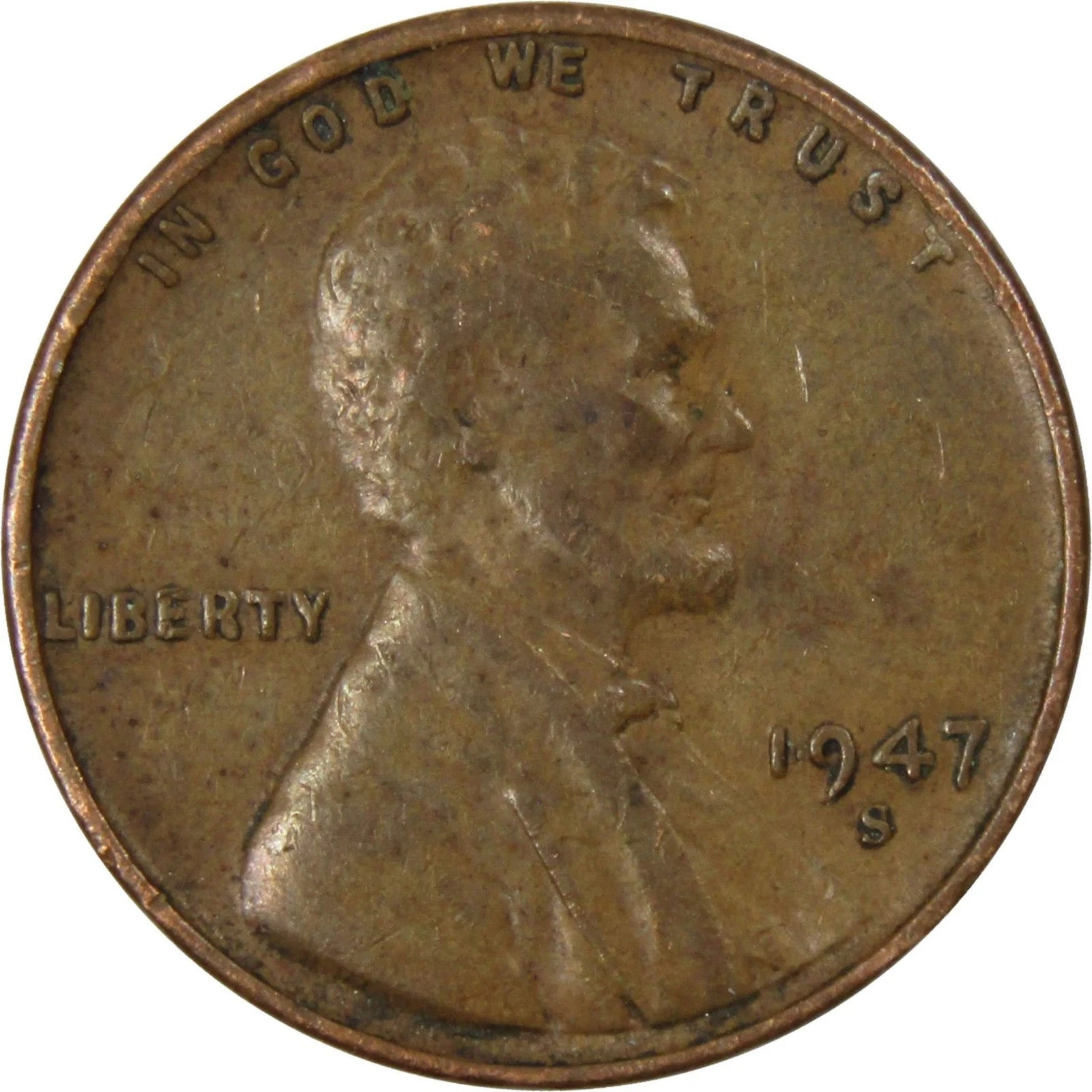 1947 S Lincoln Cent Good (G) to Very Good (VG) Circulated Condition Copper Penny