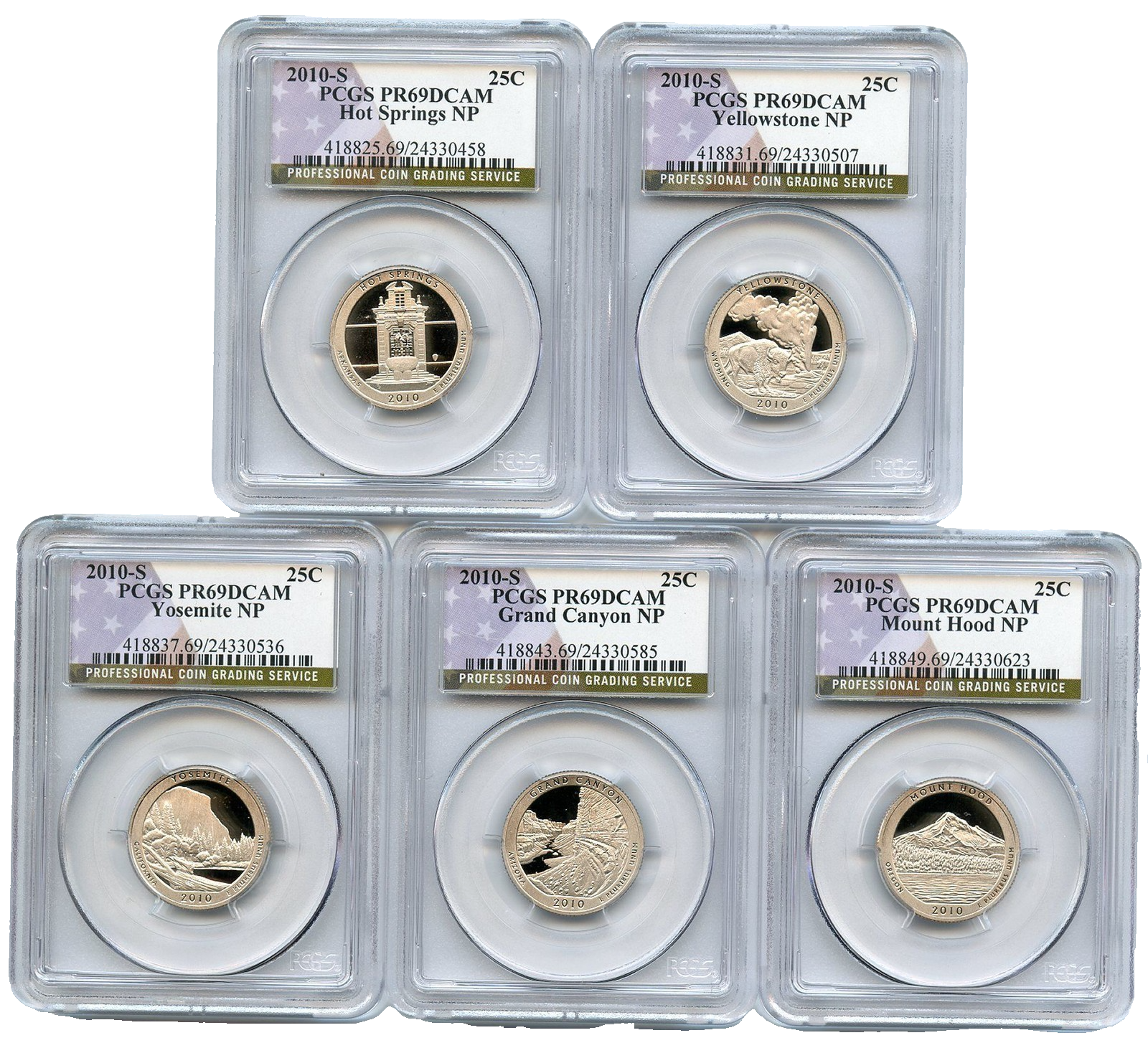 2010 S National Parks 5 Coin Quarter Set PCGS PR69DCAM Special Flag NP Label