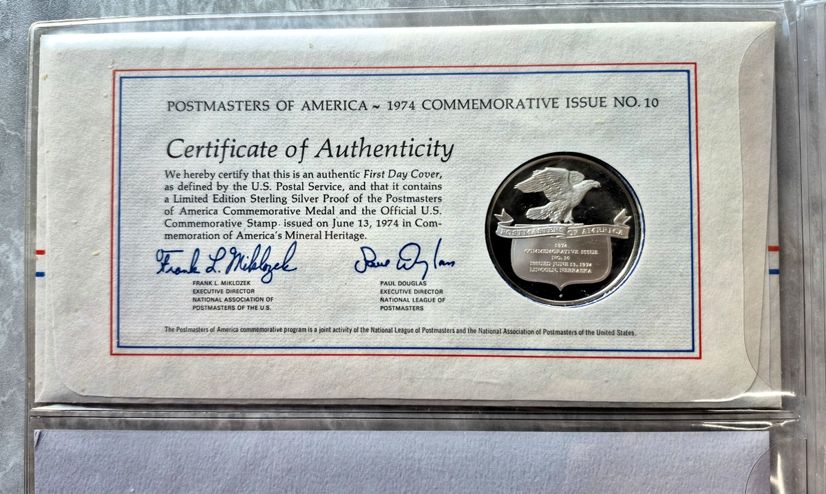 1974 Postmasters of America Mineral Heritage Sterling Silver Proof Medal FDC Set