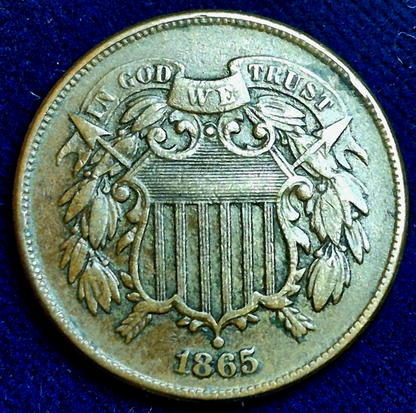 1865 2 Cent Piece Bold XF-AU Features, Strong "We", 1st Coin Made With Motto 2C