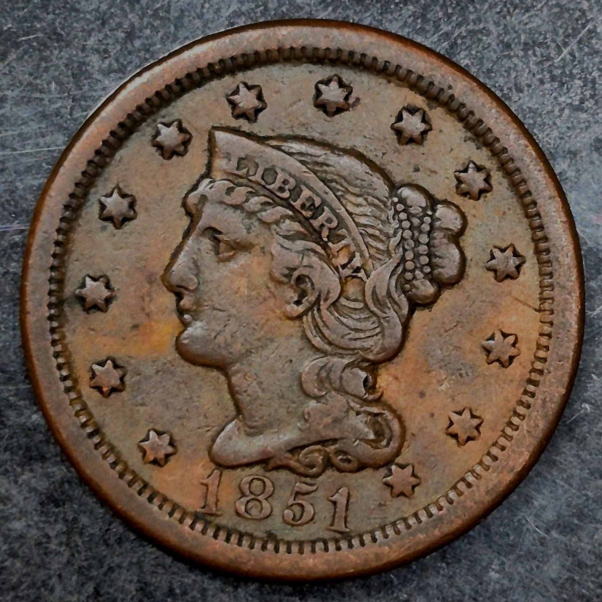 1851 Braided Hair Large Cent XF Extremely Fine N-1 R3 Variety 1C Copper US Coin