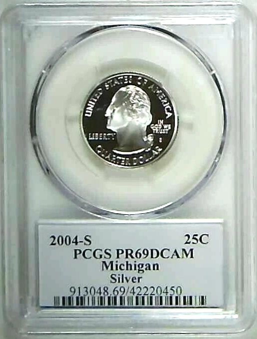 ✅ 2004-S Michigan 90% SILVER Washington Quarter ~PCGS PR69DCAM State Flag Label