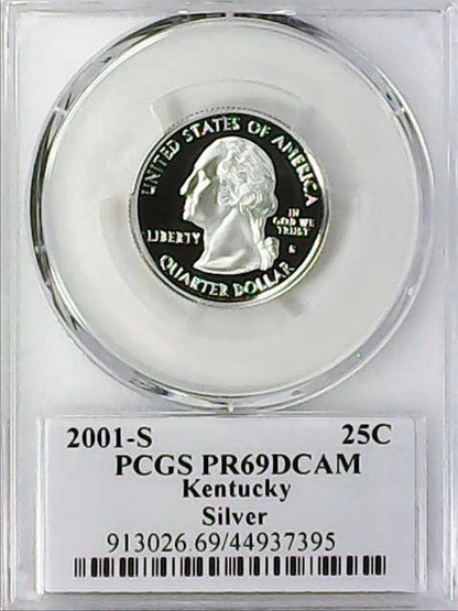 ✅ 2001-S Kentucky 90% SILVER Washington Quarter ~ PCGS PR69DCAM State Flag Label