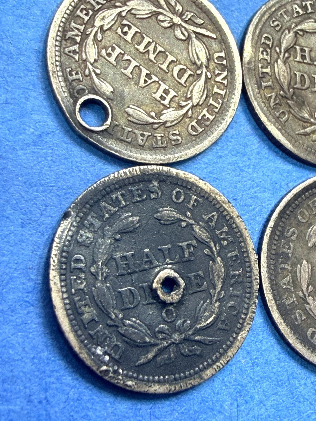 LOT of 4 1857 Seated Liberty Half Dime 90% Silver Holed Clipped Hole Fillers