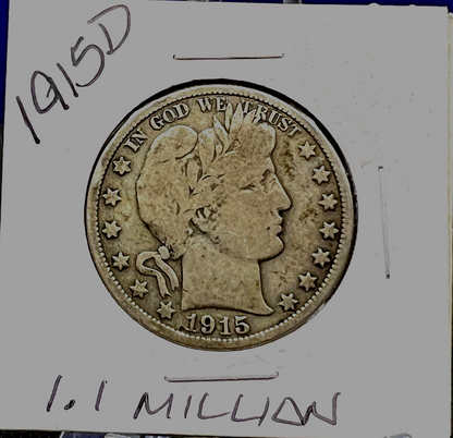 1915 D Barber Half Dollar 90% Silver 50c Coin Great VG-F Features