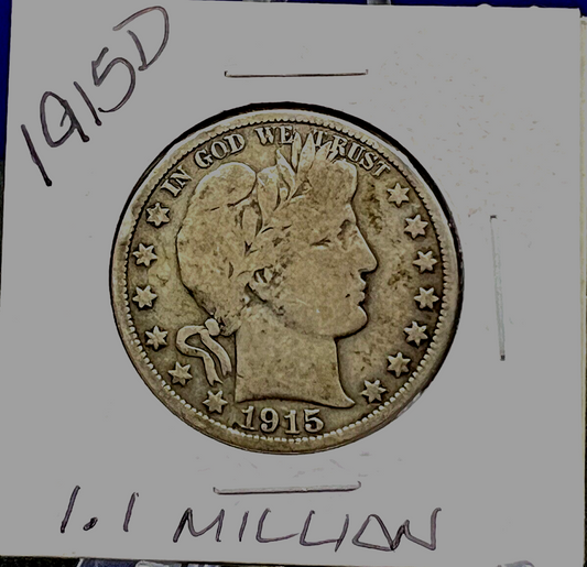1915 D Barber Half Dollar 90% Silver 50c Coin Great VG-F Features