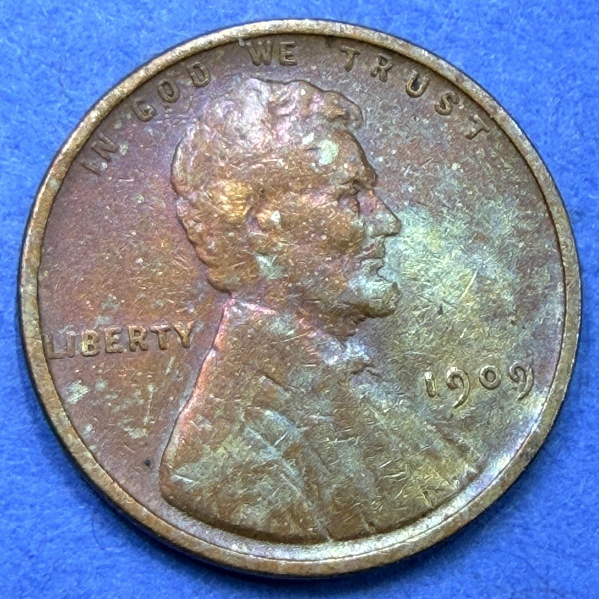 1909 Lincoln Wheat Cent 1C VF Very Fine Rainbow Toned Toner First Year Penny