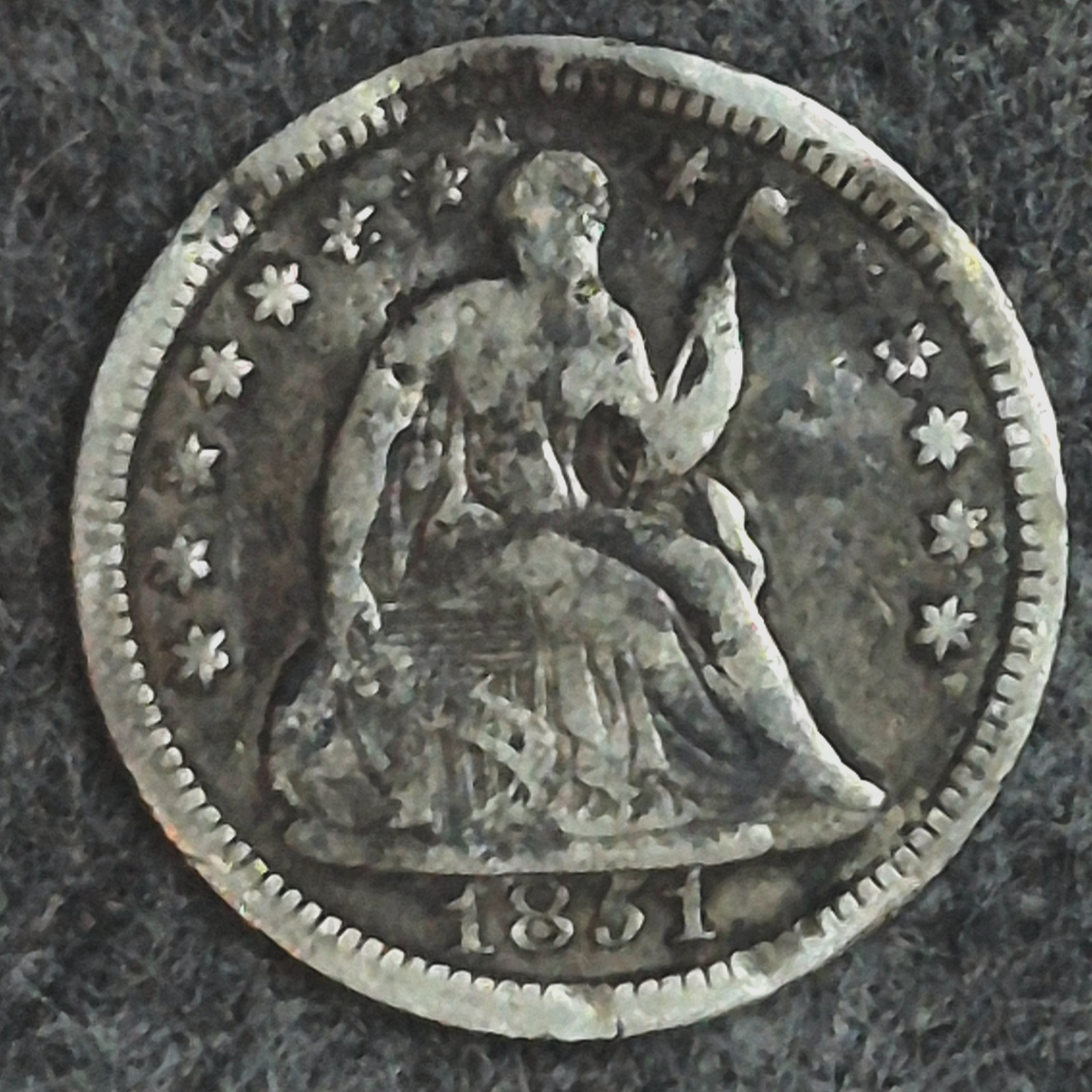 1851-P Philadelphia Seated Liberty 90% Silver 1/2 Half Dime, Variety 2 Stars OBV