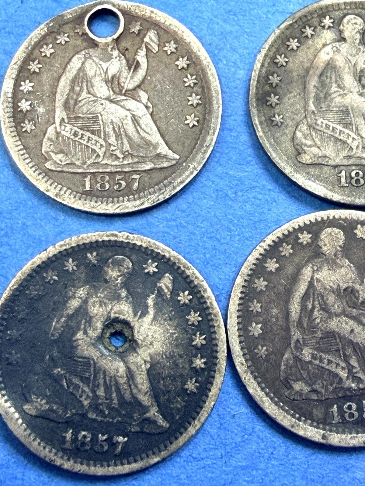 LOT of 4 1857 Seated Liberty Half Dime 90% Silver Holed Clipped Hole Fillers