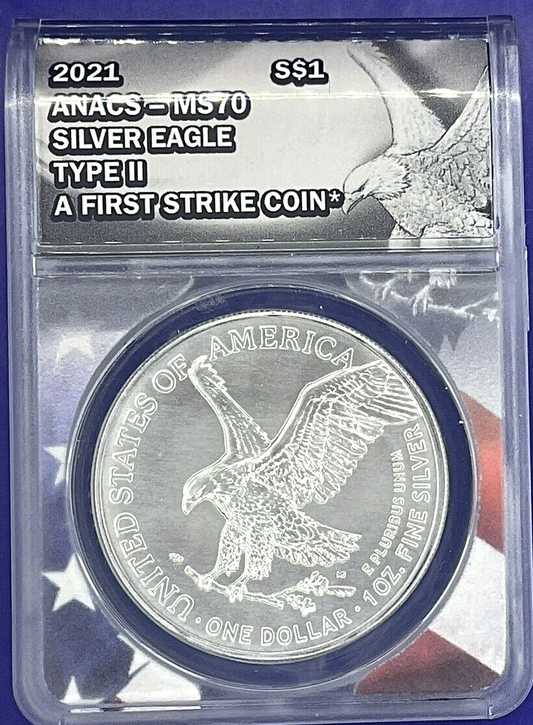 2021 MS70 American Silver Eagle Type II  $1  FIRST STRIKE COIN ANACS .999 1 Oz
