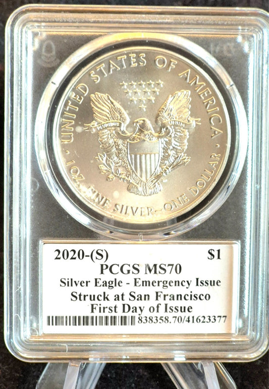 2020 S American Silver Eagle 1oz $1 PCGS MS70 1st Day Emergency Issue M.Reagan