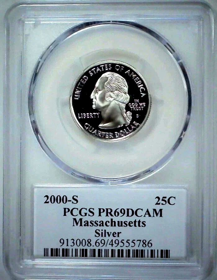 ✅ 2000-S Massachusetts 90% SILVER Washington Quarter ~PCGS PR69DCAM State Flag