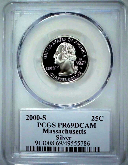 ✅ 2000-S Massachusetts 90% SILVER Washington Quarter ~PCGS PR69DCAM State Flag