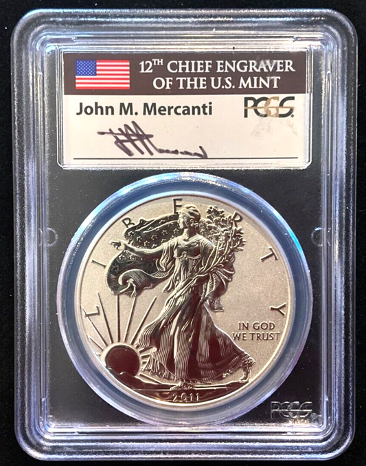 ✅ 2011-P Reverse Proof Silver Eagle PCGS PR70 JOHN MERCANTI Autographed Label