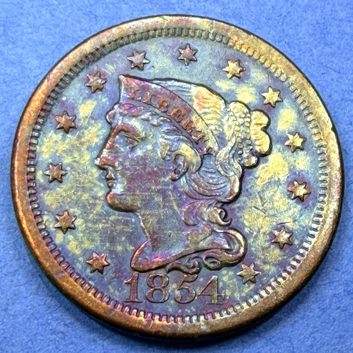 1854 Braided Hair Large Cent 1C XF Super Rainbow Toner Blue Peach Purple Toning