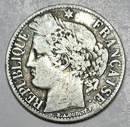 1872-A FRANCE 1 FRANC OLD .835 SILVER COIN KM 822.1 REVERSE WEAR SMALL A VARIETY