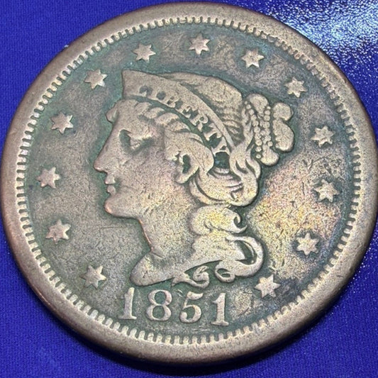 1851 Braided Hair Large Cent 1c F-VF Fine-Very Fine Early US Copper Coin Penny