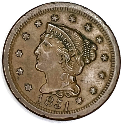 ✅ 1851 Coronet Braided Hair Large Cent AMAZING AU DETAIL Nice Color Sharp Strike
