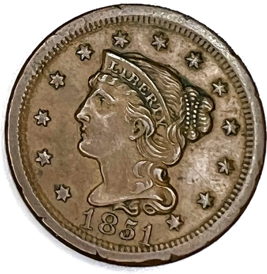 ✅ 1851 Coronet Braided Hair Large Cent AMAZING AU DETAIL Nice Color Sharp Strike