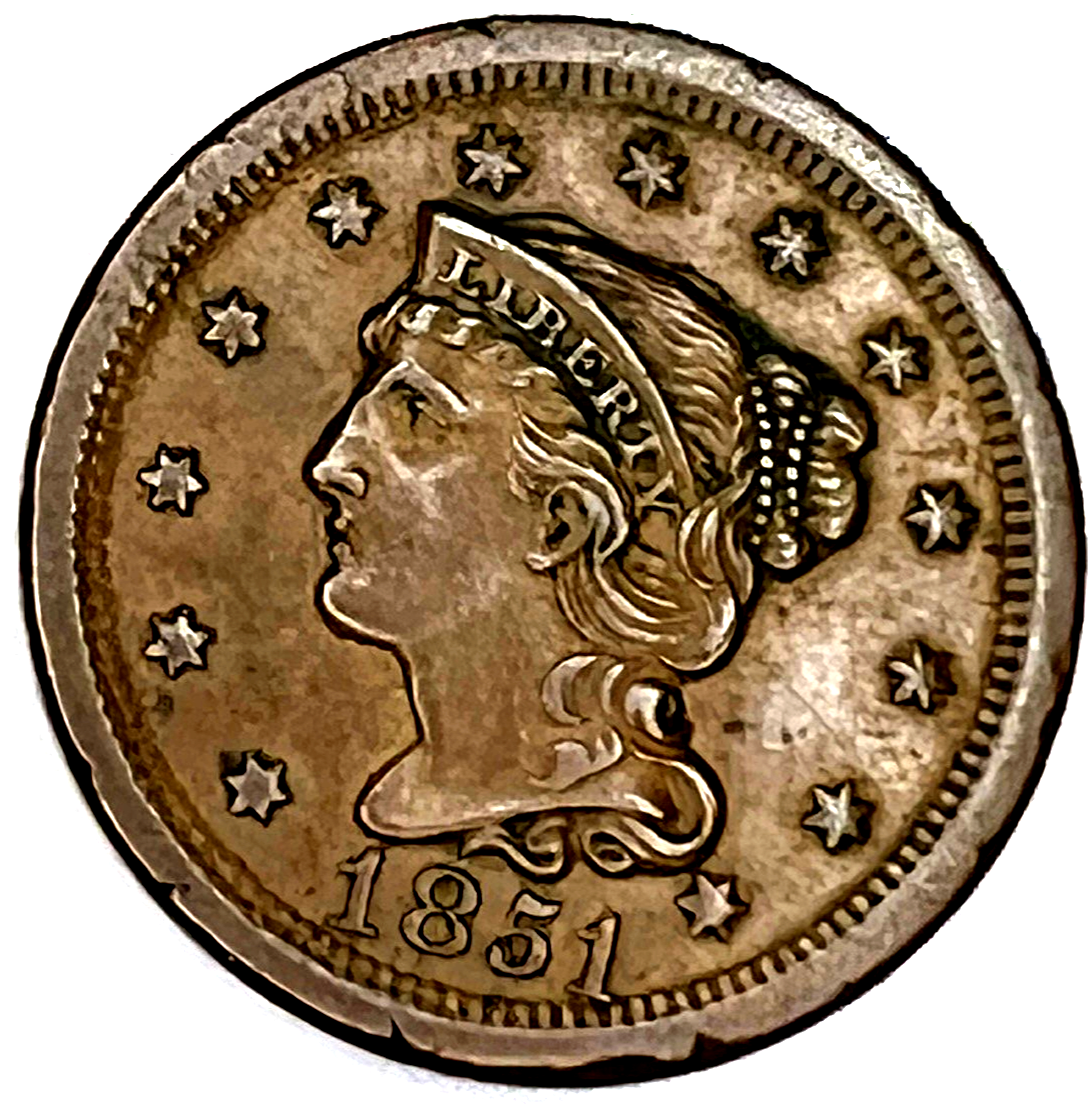 ✅ 1851 Coronet Braided Hair Large Cent, N5-R3, MAZING AU Features Sharp Strike