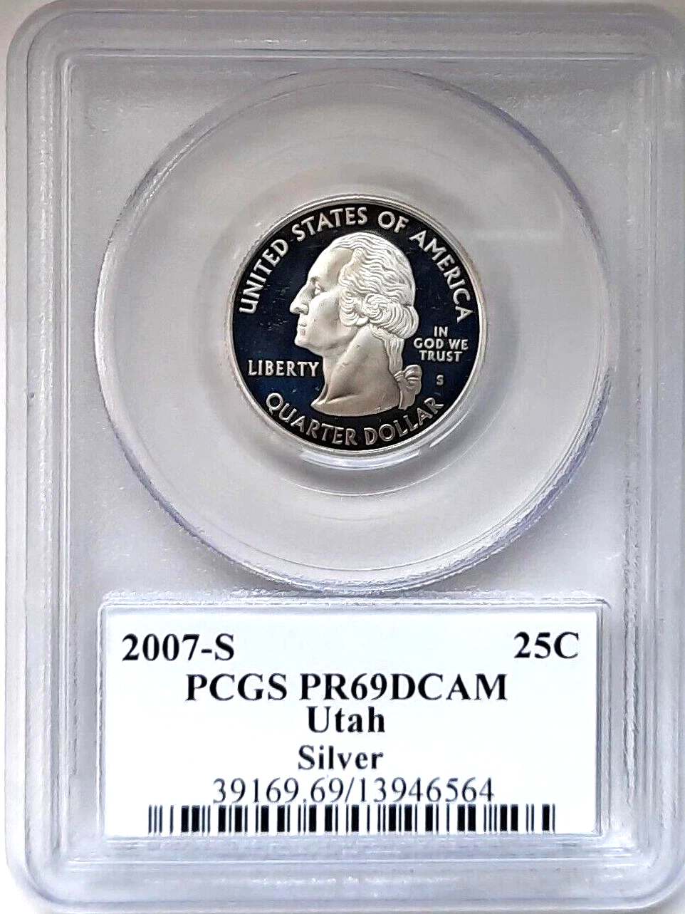 ✅ 2007-S Utah 90% SILVER Washington Quarter ~ PCGS PR69DCAM State Flag Label