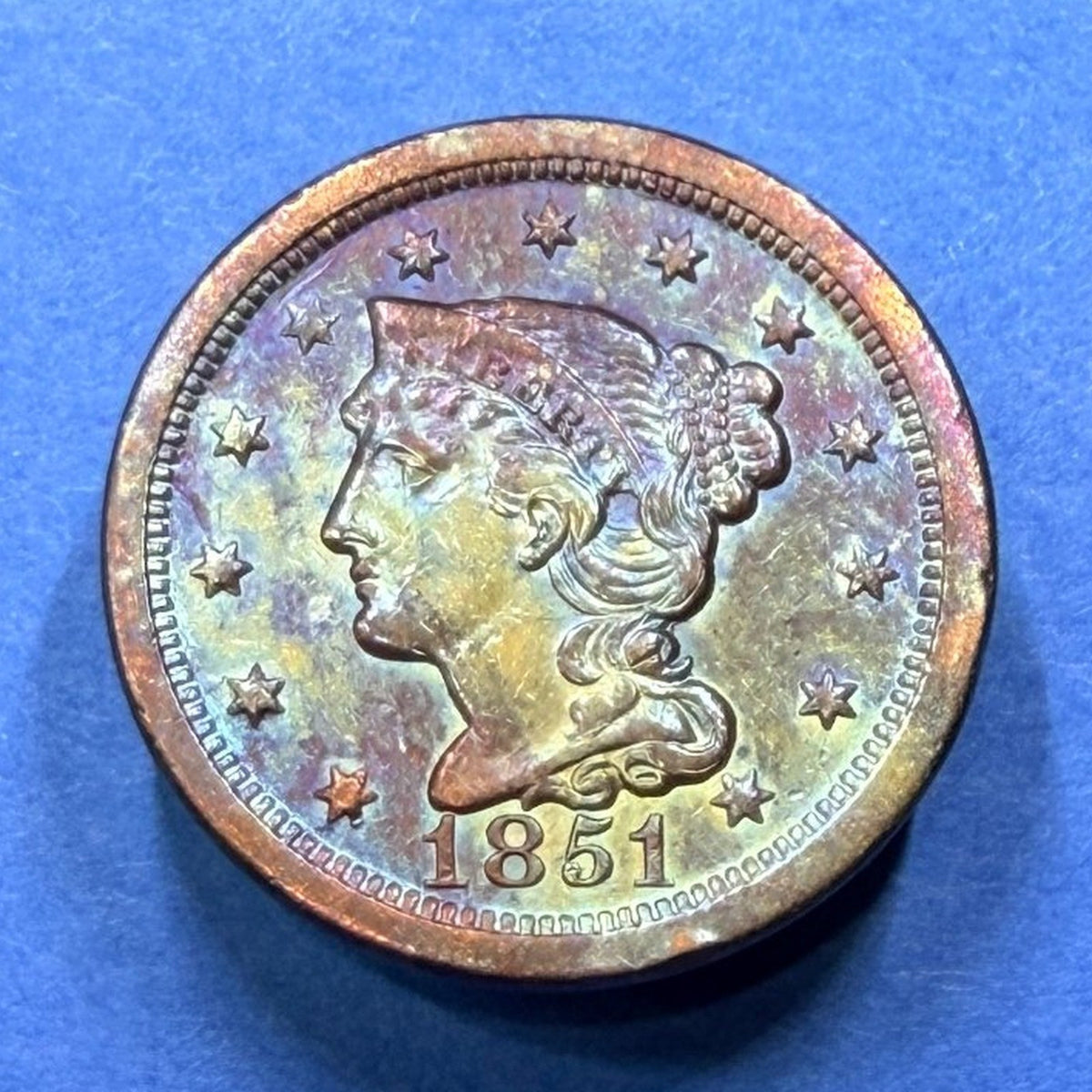 1851 Braided Hair Large Cent 1C XF-AU Rainbow Toned Copper Penny US Coin